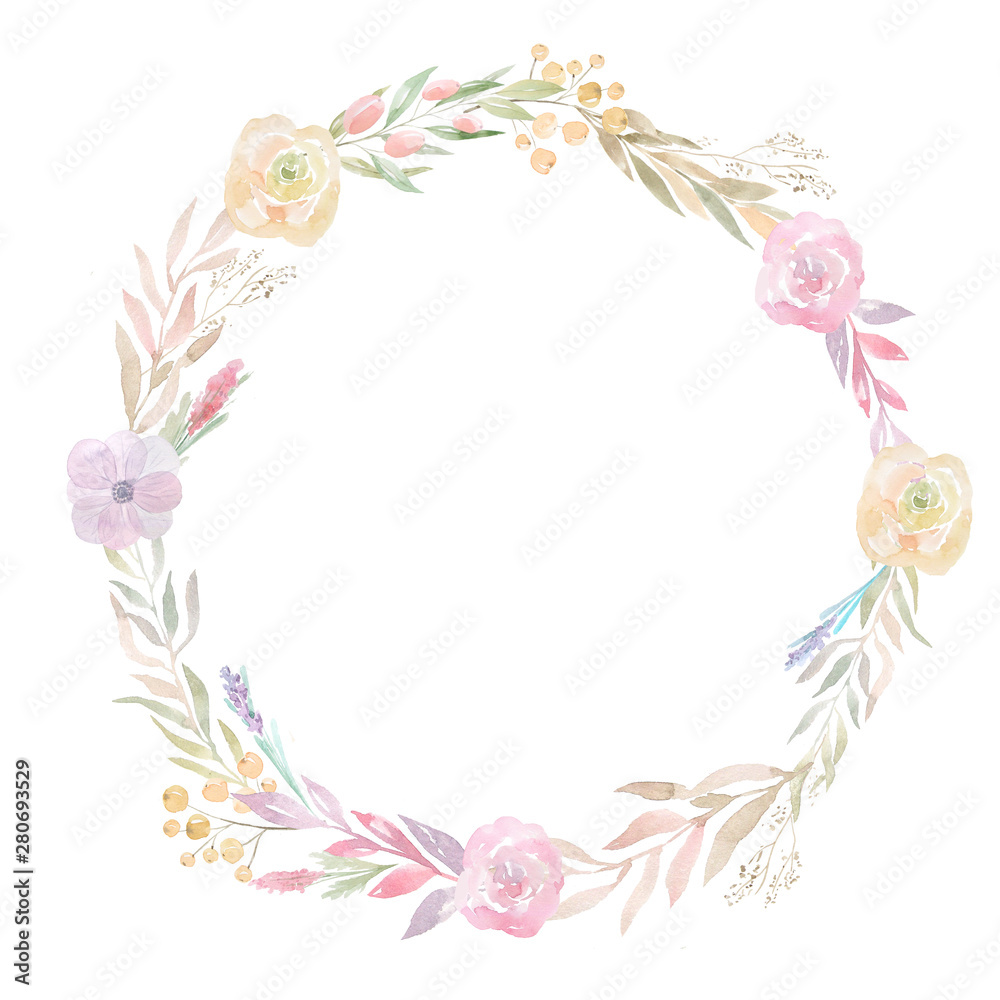 Watercolor floral round frame