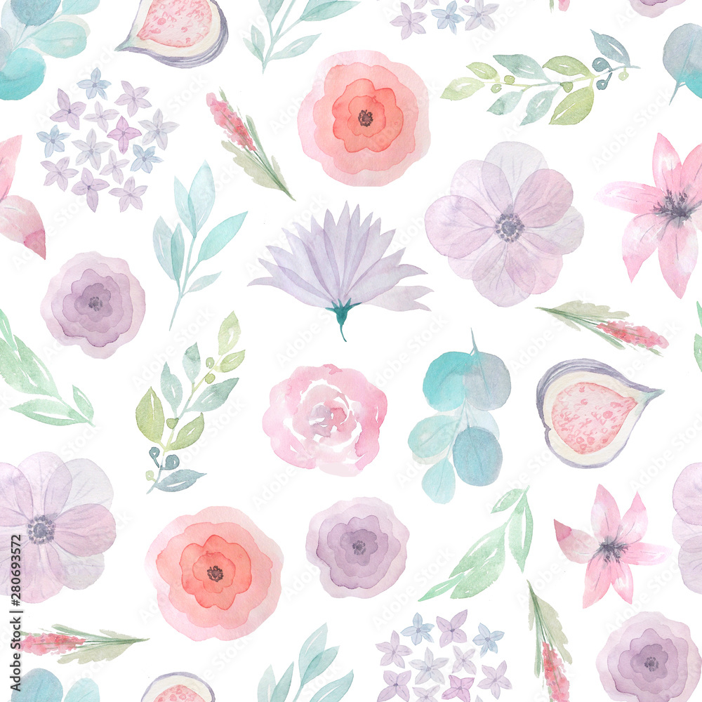 Watercolor flowers and leaves seamless pattern Watercolor flowers and leaves seamless pattern