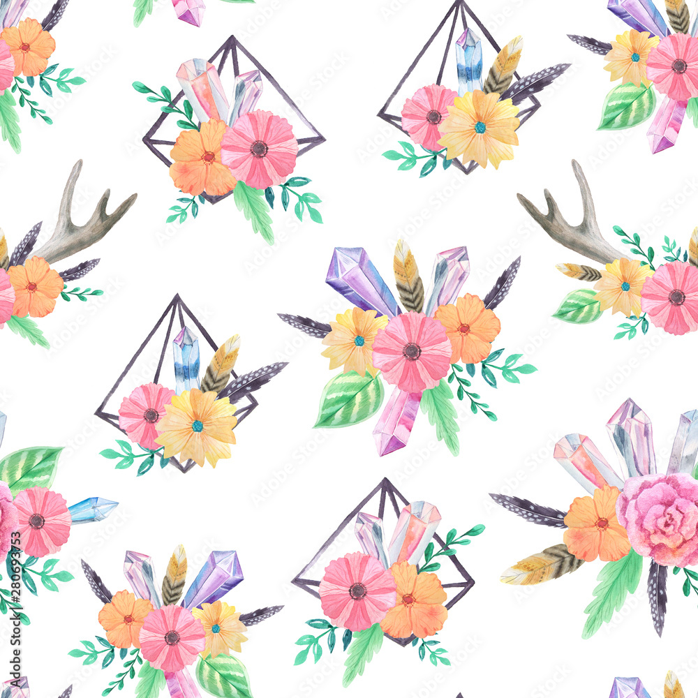 Seamless pattern with watercolor gems and flowers