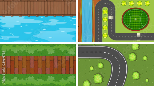 Set of top view aerial scenes in nature and outdoors