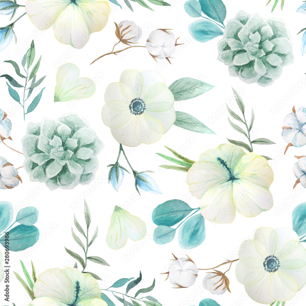 Seamless pattern with white watercolor flowers