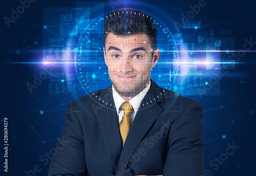 Facial recognition system. Young man on blue background