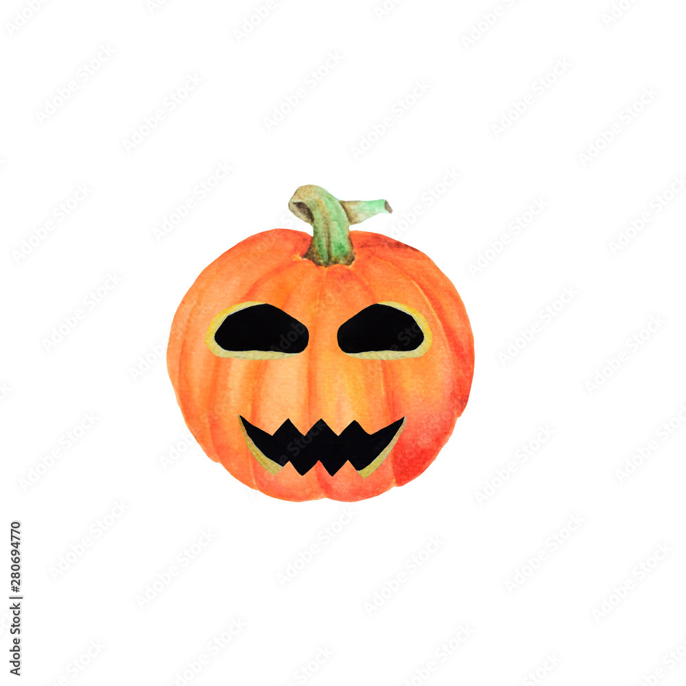 Halloween pumpkin Jack, isolated object on the white background, watercolor hand drawn illustration, cartoon characte Halloween pumpkin Jack, isolated object on the white background, watercolor hand drawn illustration, cartoon characte