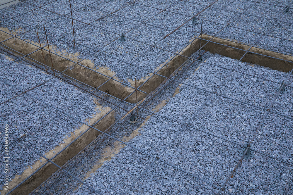 Plastic reinforcement fixers. Iron wire mesh for concreting floors of