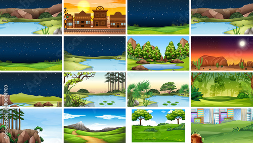 Set of nature scenes in day and night