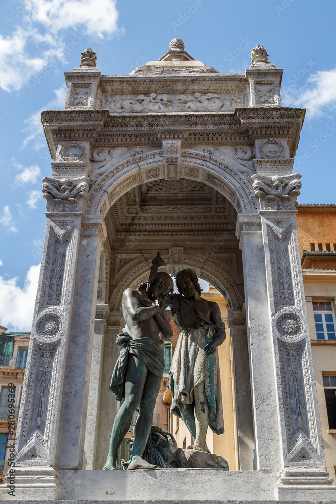 LYON / FRANCE - JULY 2015: Old fountain in the historic centre of Lyon town, France
