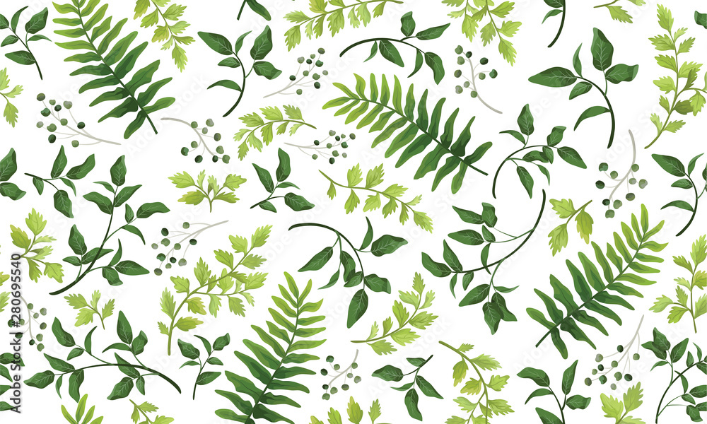 Beautiful pattern seamless of fern, palm, natural branches, green leaves, herbs, hand drawn watercolor style fresh rustic eco. Vector decorative cute elegant illustration isolated white background - obrazy, fototapety, plakaty 
