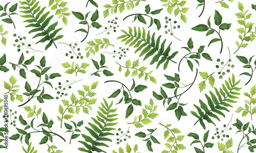Beautiful pattern seamless of fern, palm, natural branches, green leaves, herbs, hand drawn watercolor style fresh rustic eco. Vector decorative cute elegant illustration isolated white background