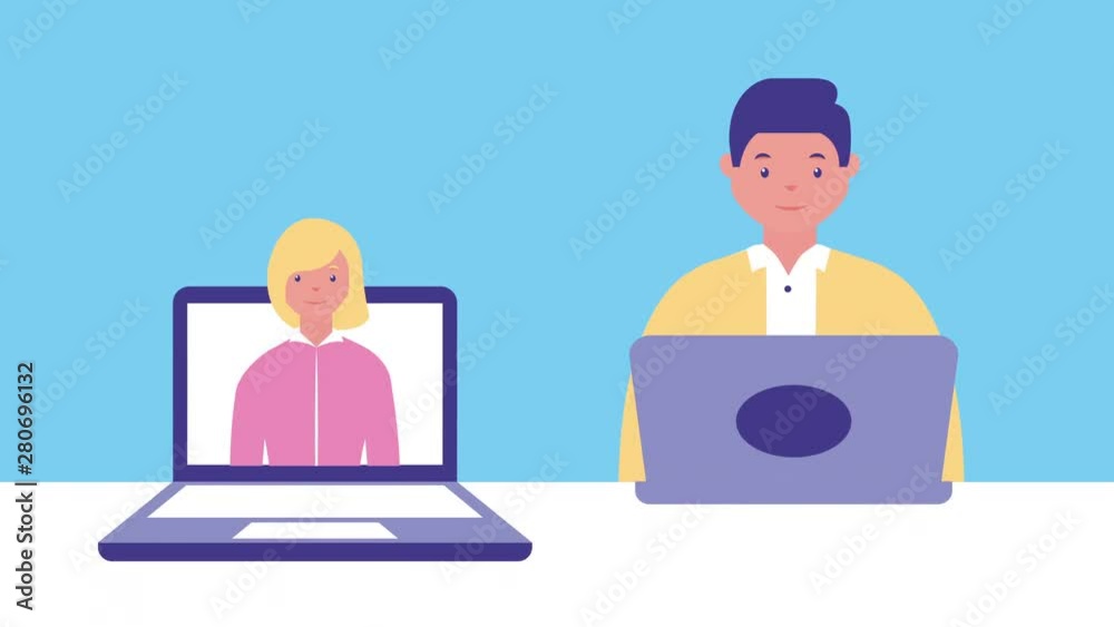 business couple using laptop avatars characters business couple using laptop avatars characters