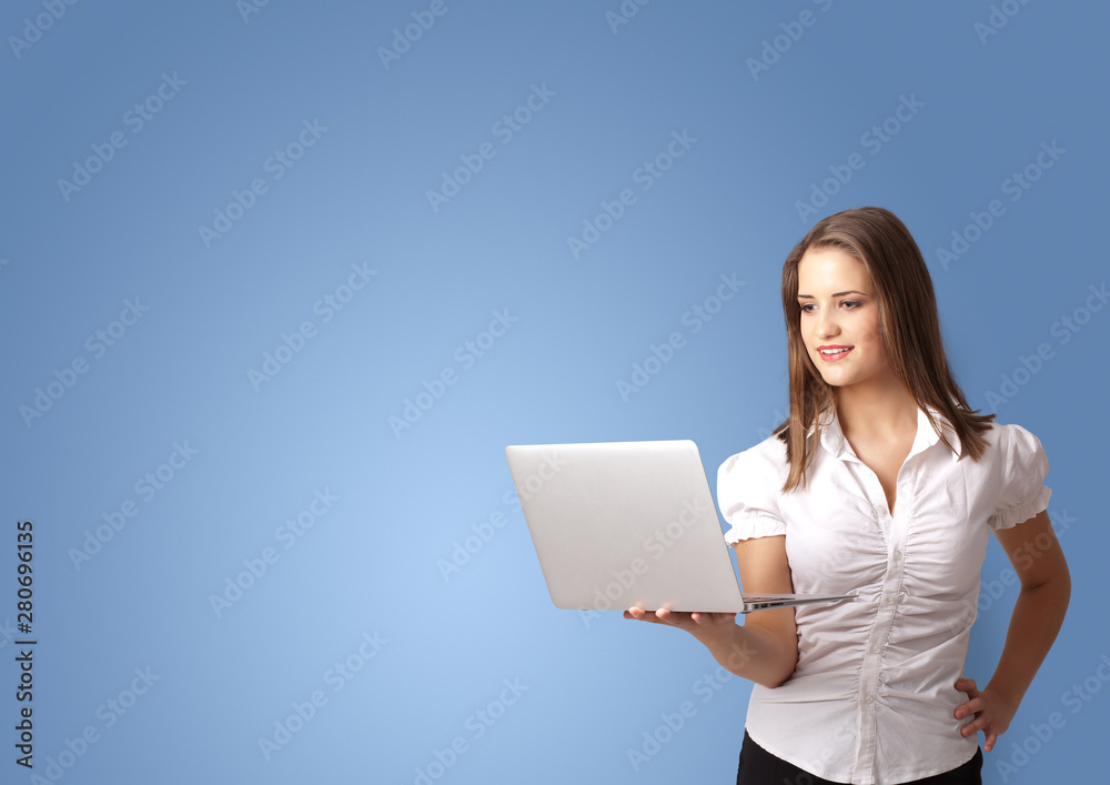 Young person presenting something with empty space Young person presenting something with empty space