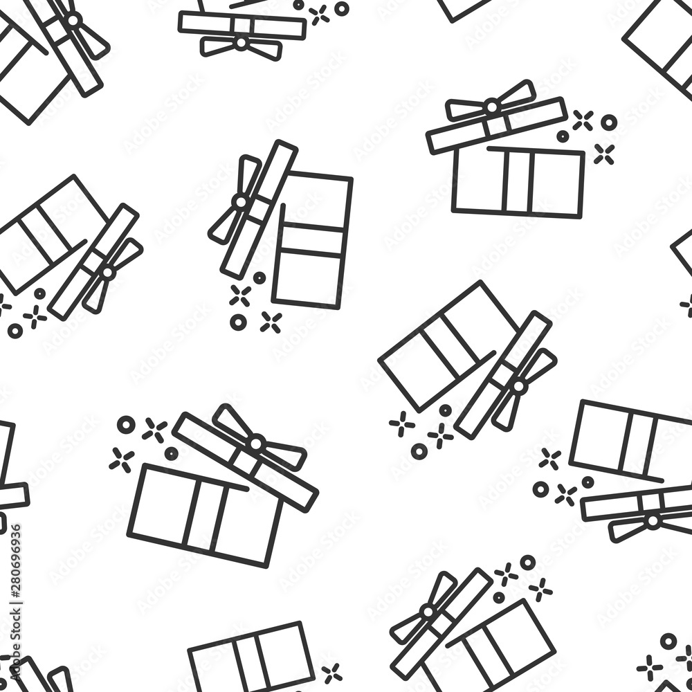 Gift box icon seamless pattern background. Magic case vector illustration on white isolated background. Present business concept. Gift box icon seamless pattern background. Magic case vector illustration on white isolated background. Present business concept.