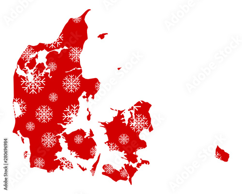 Obraz na płótnie Karte von Dänemark mit Schneeflocken