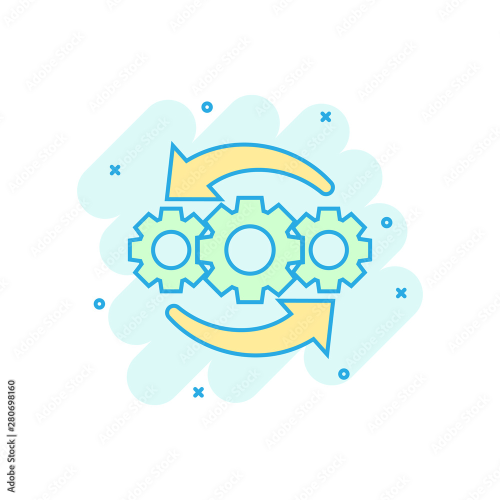 Operation project icon in comic style. Gear process vector cartoon illustration on white isolated background. Technology produce business concept splash effect. Operation project icon in comic style. Gear process vector cartoon illustration on white isolated background. Technology produce business concept splash effect.