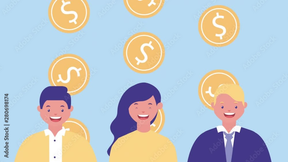 business people using with coins avatars characters business people using with coins avatars characters