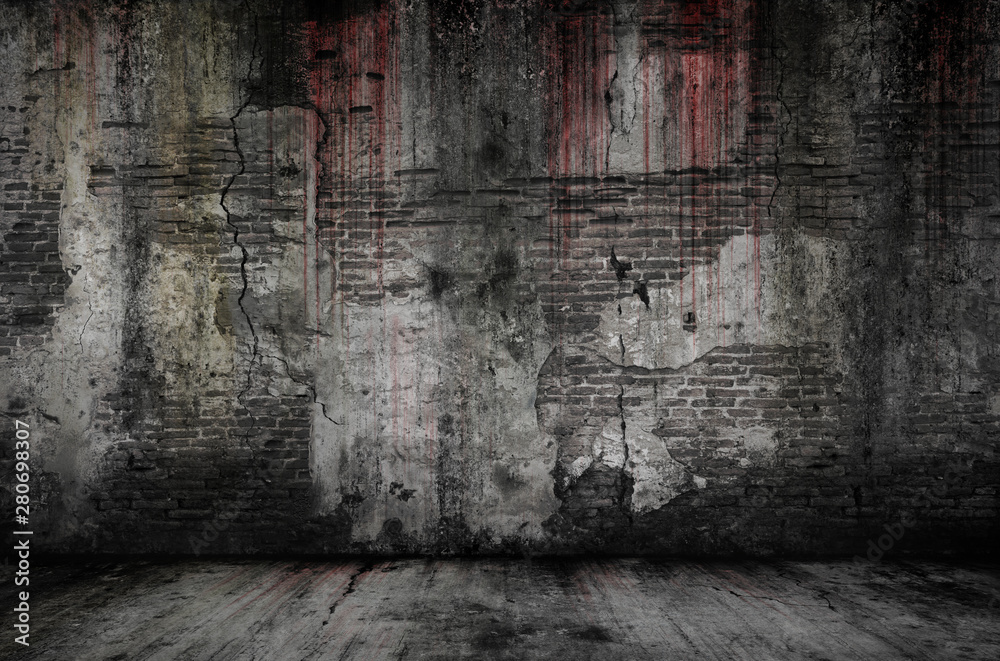 Fototapeta Krwawego tła cegieł straszna stara ściana i podłoga, pojęcie horror i Halloween
