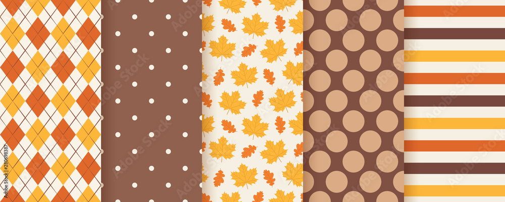 Autumn pattern. Vector. Seamless background with fall leaves, polka dot, stripes and rhombus. Set seasonal geometric print. Cute abstract wallpaper textures. Colorful cartoon illustration. Flat design