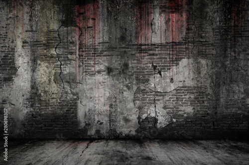 Bloody background scary old bricks wall and floor, concept of horror and Halloween