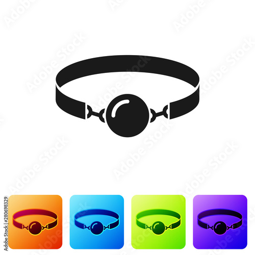 Black Silicone ball gag with a leather belt icon isolated on white background. Fetish accessory. Sex toy for men and woman. Set icon in color square buttons. Vector Illustration