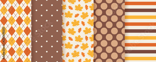 Autumn pattern. Vector. Seamless background with fall leaves, polka dot, stripes and rhombus. Set seasonal geometric print. Cute abstract wallpaper textures. Colorful cartoon illustration. Flat design