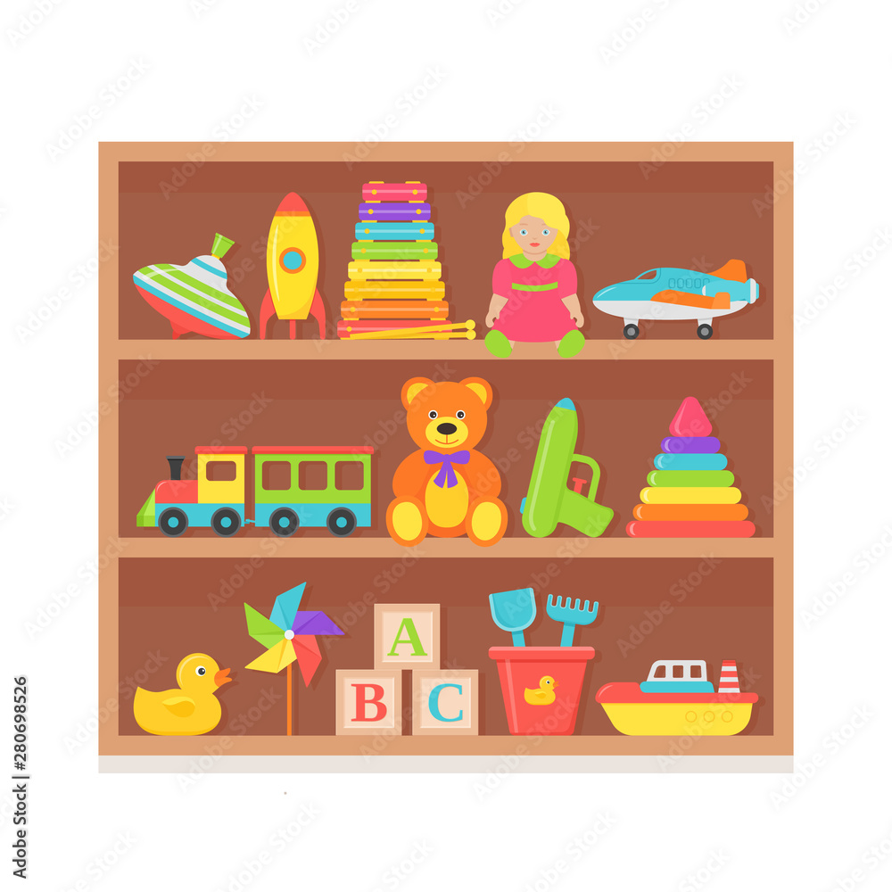 Kids toy on shelf. Vector. Set baby toys on wooden rack. Baby