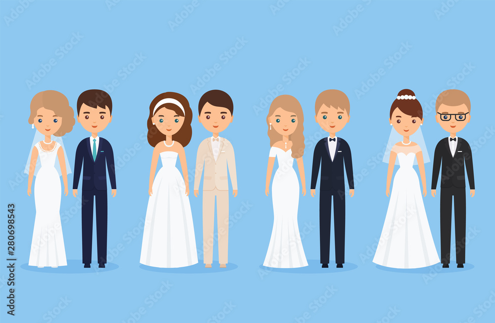 Bride and groom. Newlywed couple isolated. Cartoon wedding characters  standing together. Vector illustration. Animated avatars people. Icons  male, female person on blue background. Flat design. Stock Vector | Adobe  Stock