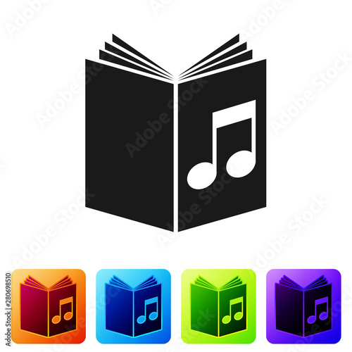 Black Audio book icon isolated on white background. Musical note with book. Audio guide sign. Online learning concept. Set icon in color square buttons. Vector Illustration