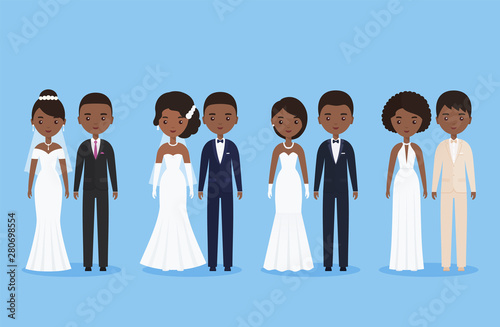 Bride and groom. African newlywed couple. Cartoon wedding characters standing together isolated. Vector illustration. Animated avatars black people. Icons male, female person. Flat design.