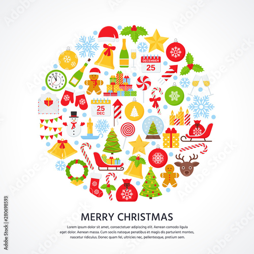 Christmas background. Vector. Greeting decoration card. Creative design postcard with Christmas icons in circle shape. Holiday poster. Cartoon square illustration. Party template in flat style.