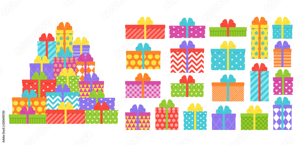 Pile gift boxes. Vector. Christmas, birthday icon. Wrapped presents with bows and ribbons. Set holiday symbols isolated on white background in flat design. Cartoon illustration. Colorful collection.