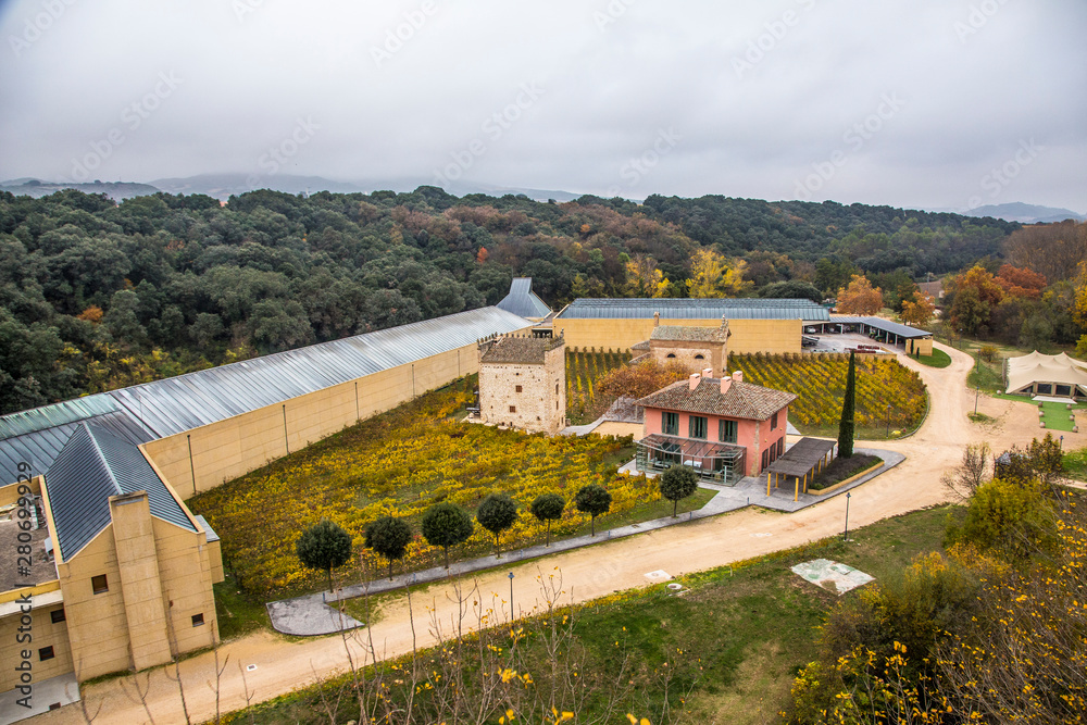 Arínzano seen from a globe of the Navarre Property winery and its grape fields, Estella. Navarre