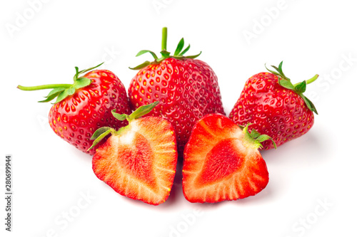 Strawberries with leaves. Isolated on a white background.
