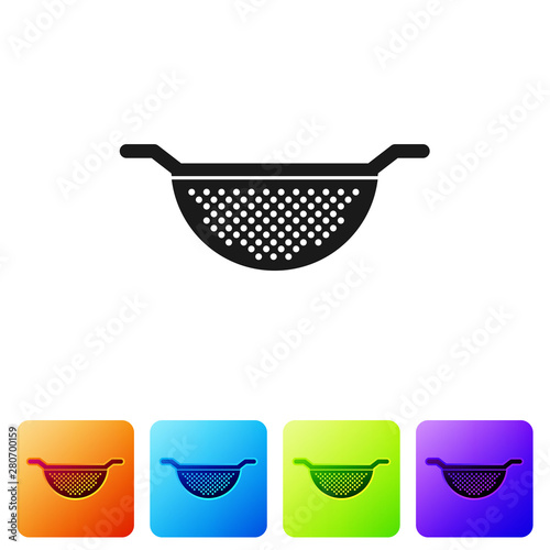 Black Kitchen colander icon isolated on white background. Cooking utensil. Cutlery sign. Set icon in color square buttons. Vector Illustration