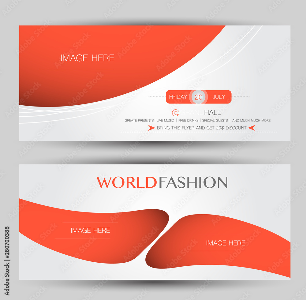 Flyer banner or web header template set. Vector illustration promotion design background. Orange color.