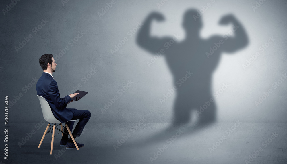 Businessman staying and offering stuffs to a shadow businessman Businessman staying and offering stuffs to a shadow businessman