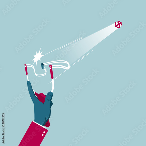 Shoot with a slingshot. Isolated on blue background.