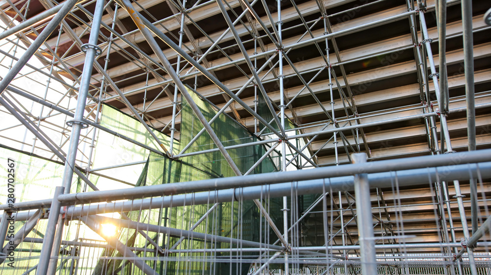 Metal scaffolding under the podium of the stadium Metal scaffolding under the podium of the stadium