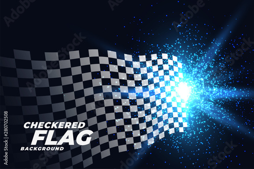 checkered racing flag with blue lights particles background