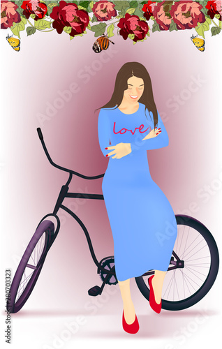 Illustration with cheerful girl and bicycle dress
