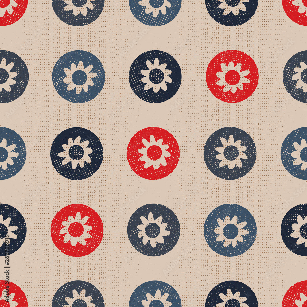 A seamless vector polka dots textured pattern with floral shapes. Surface print design.