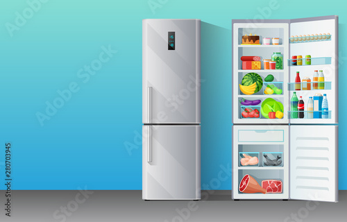 Banner with modern grey chromium-plated fridge freezer closed and opened with colorful food supplies inside: fruits, vegetables, milk, drinks and frozen meat, kitchen appliance, vector illustration.
