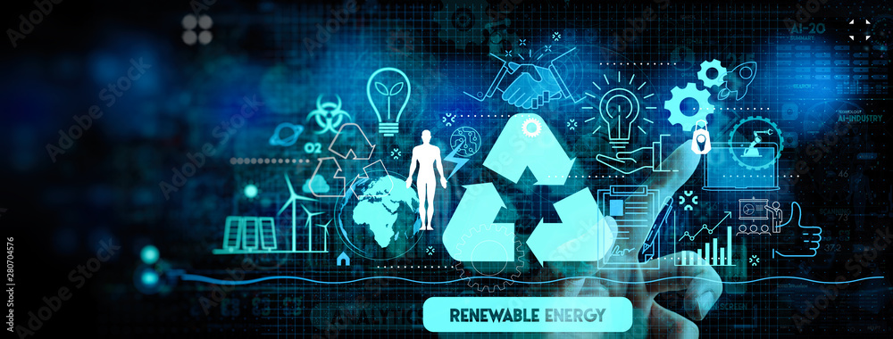 Obraz premium Hand touching Sustainable development FUI with icons of renewable energy and natural resources preservation.