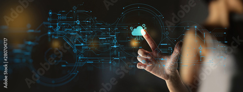 businesswoman hand pushing icon Ui of Cloud Computing Technology Internet Storage Network Concept