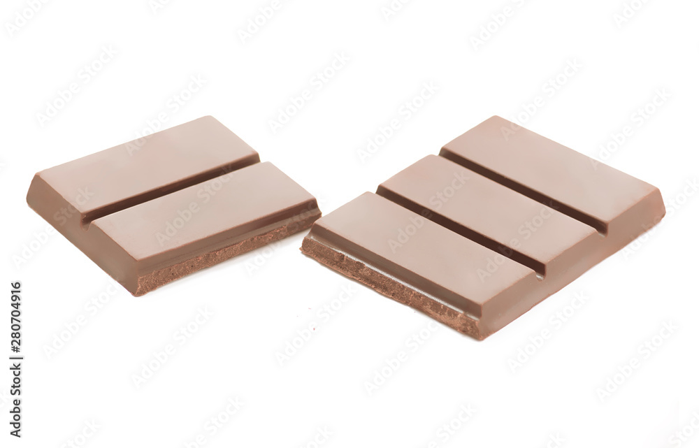 Two Dark Brown Chocolate Pieces on White Background