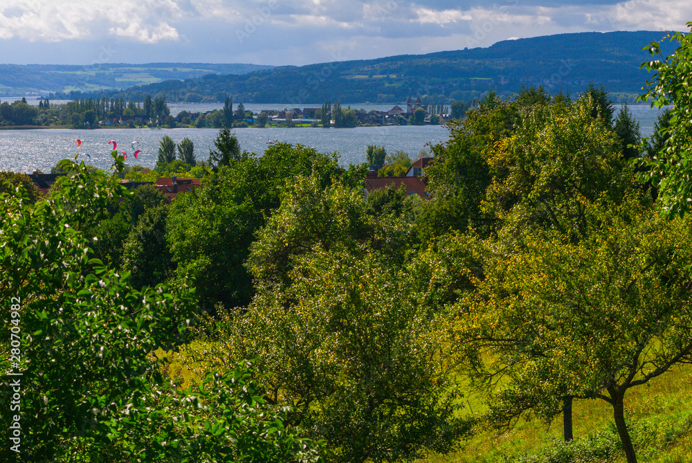 Fototapeta premium Im Monat September am Bodensee. Insel Reichenau und Kite surfing.