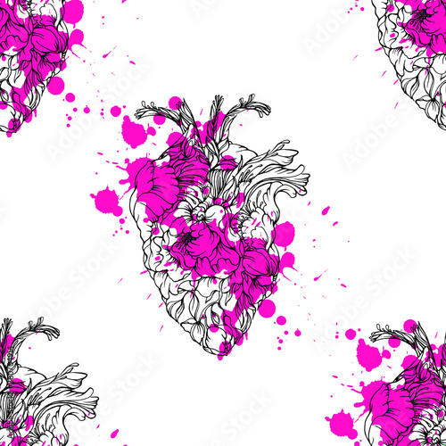 Vector seamless pattern with anatomical shape hearts with bright pink blotches