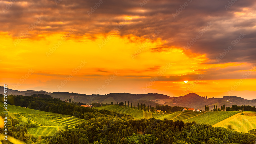 View at South Styria Vineyard fields in sunset sun in summer. Eckberg Tourist destination.