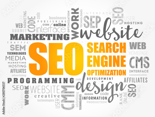 SEO (Search Engine Optimization) word cloud collage, technology concept background