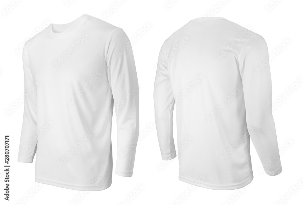 Long sleeve white t-shirt front and back side view isolated on white Long sleeve white t-shirt front and back side view isolated on white