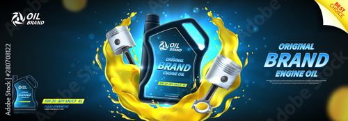 Engine oil advertisement background. Vector illustration with realistic pistons and canister on bright background with motor oil splashes. 3d ads template.