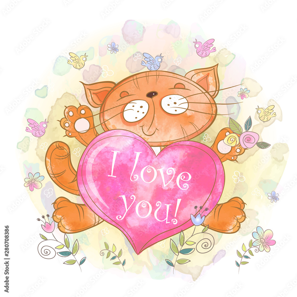 Cute kitten with a heart. I love you. Valentine. Vector. Watercolor. Cute kitten with a heart. I love you. Valentine. Vector. Watercolor.